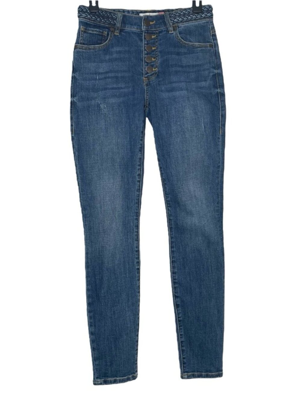 Cabi Skinny Jeans Size 2 Mid Rise Button Fly Braided Waistband Blue Style #5694
